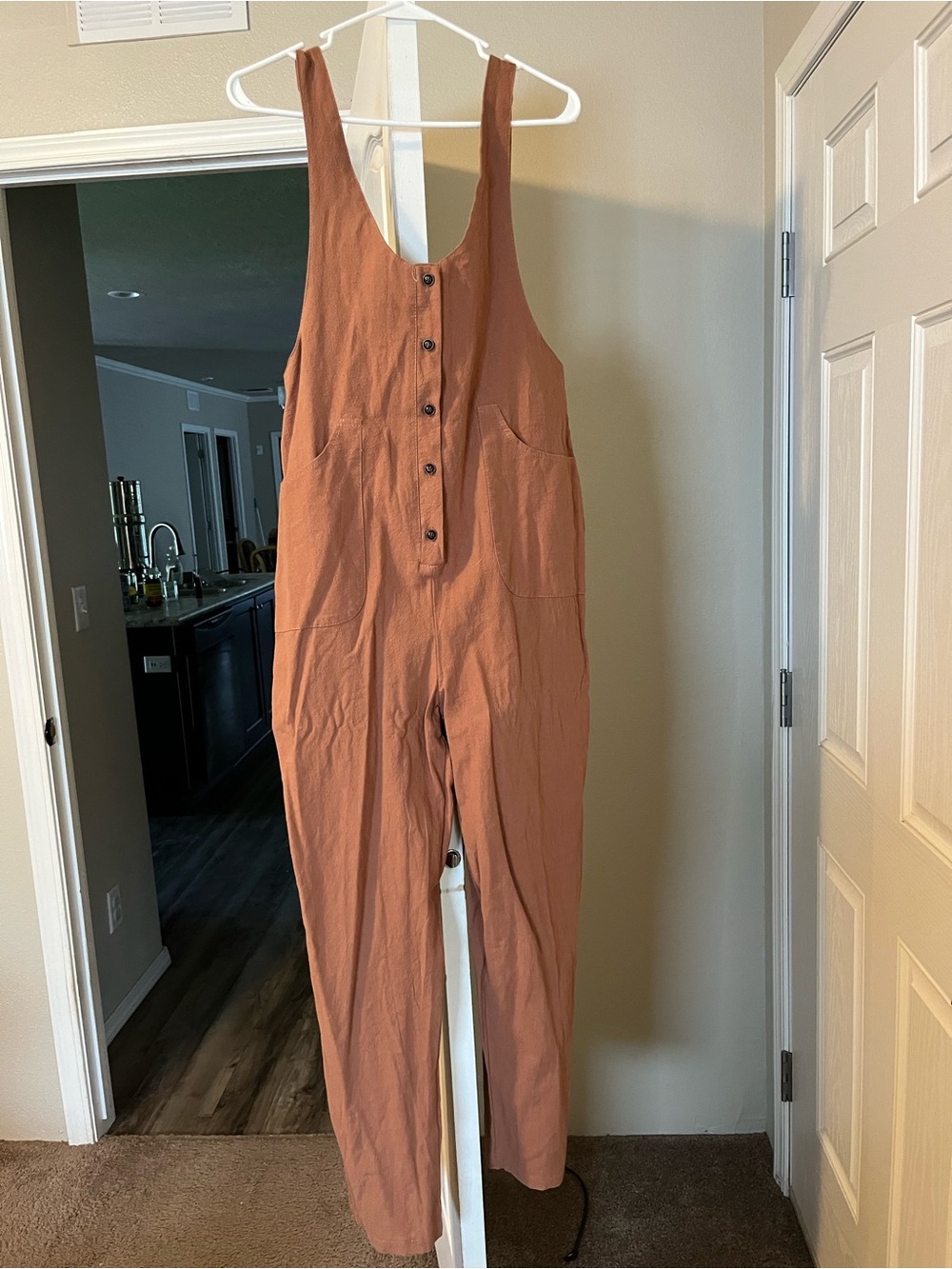 Rust Button-Front Linen Jumpsuit
